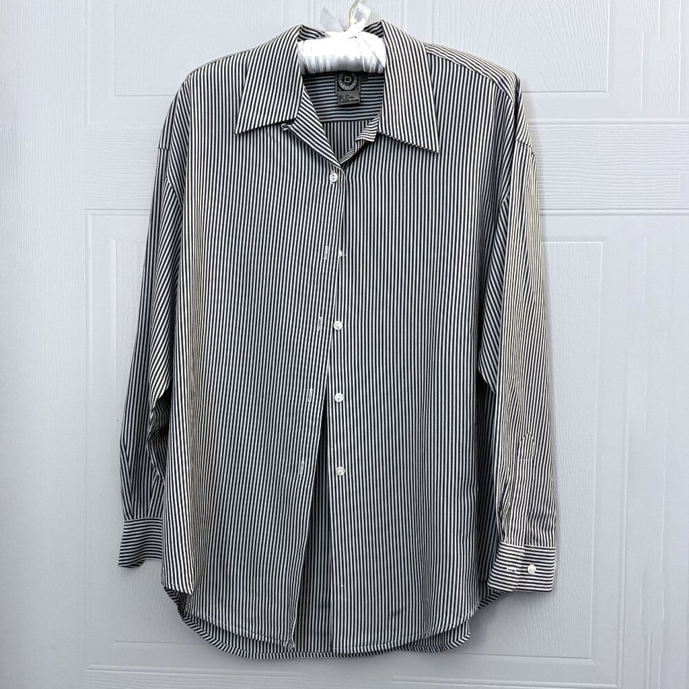 Dolce & Fabuloso 100% Silk Blouse Blue Stripes Long Sleeves Sz M